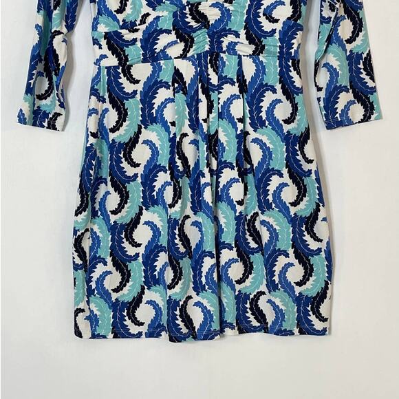 Boden Blue White Feather Printed Long Sleeve Ruched Waist Dress Women's Size 6 - Picture 5 of 9